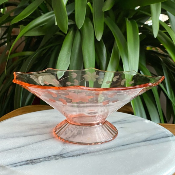 Depression Glass Lancaster Floral Etched Octagon Pedestal Candy Console Bowl - Picture 9 of 9